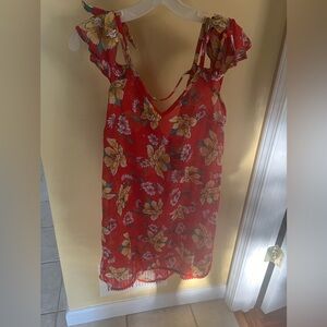 Beach cover-up dress by Miken size M red with floral print NWT off/on shoulder